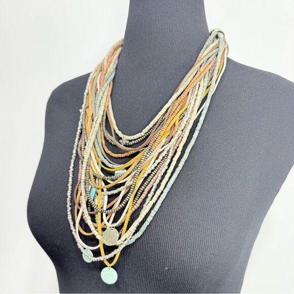 Chico's SERENA Brown Green Wood Bead Leather Multi Strand Boho Charm Necklace - Picture 2 of 16